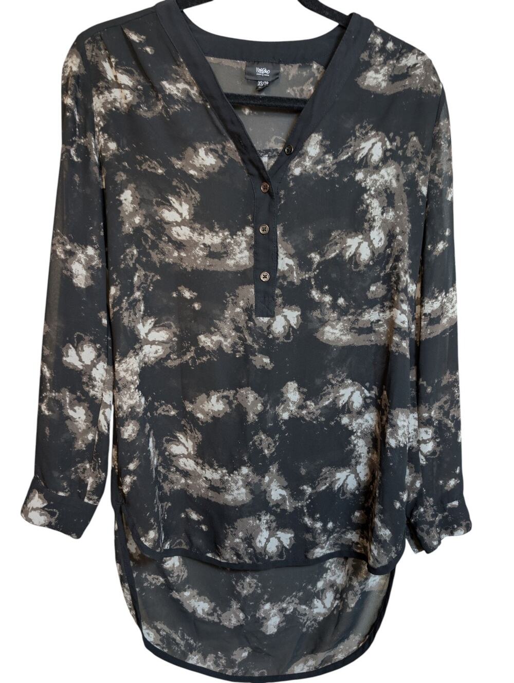 Mossimo Womens Sheer Blouse Size XS Multicolor Hilo Long Sleeve V-Neck Classy